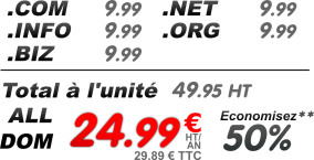 Vos domaines alldom .com .net .org .info et .biz à 24.99 € HT / an