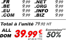 Vos domaines alldom .fr .eu .be .com .net .org .info et .biz à 24.99 € HT / an